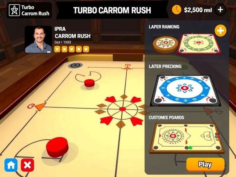 Turbo Carrom Rush gameplay screenshot showing carrom board and pieces